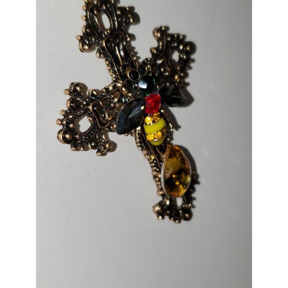 Artisan Filigree Cross Religious Gothic Steampunk Glass Bee Rhinestone Statement - Picture 9 of 10